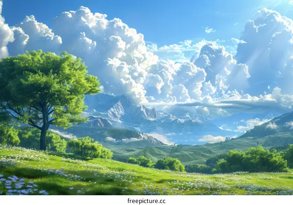 Green and Hilly Landscape under a Blue Sky with White Clouds
