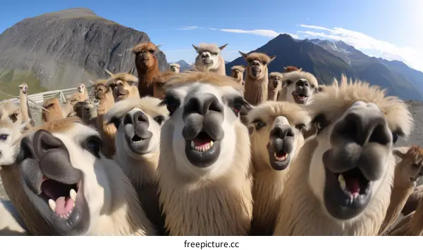 A group of llamas taking a selfie in the mountains