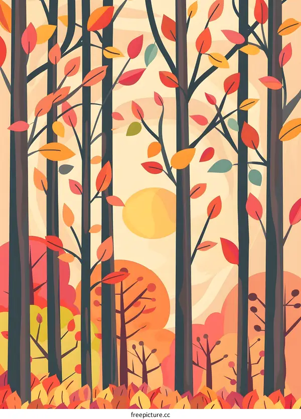 Autumn Forest Illustration With Colorful Leaves And Trees