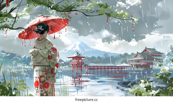 A woman in a kimono standing in a rainy landscape with a red umbrella