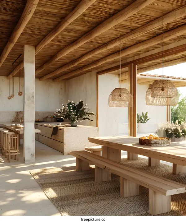 Natural interior design with wooden roof and concrete walls