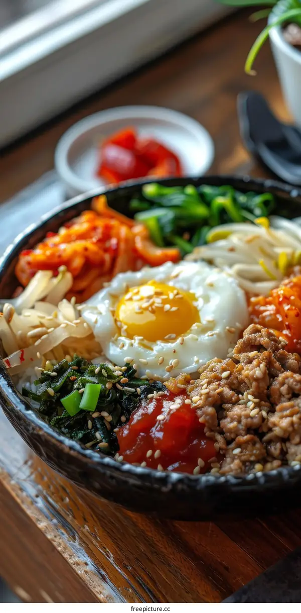 Korean Food Bibimbap With Egg And Side Dishes