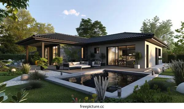 A modern house with a pool and a garden