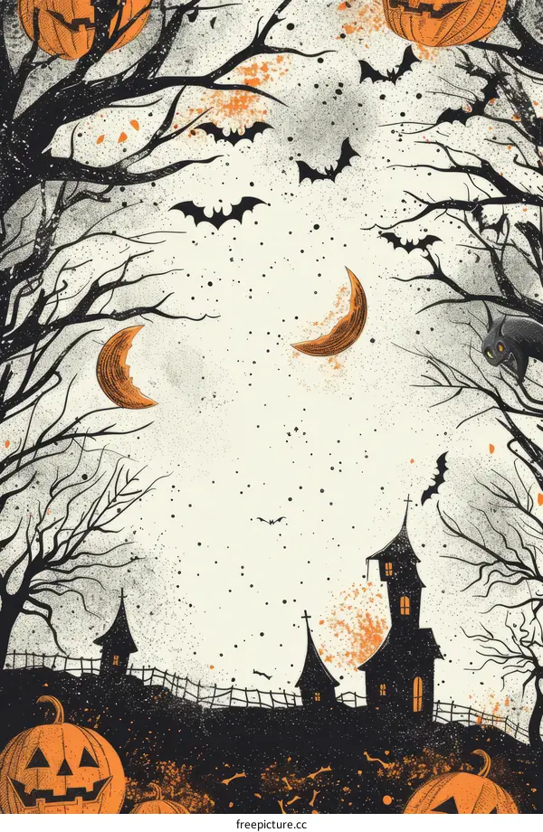 A spooky Halloween night with a haunted house and bats flying around