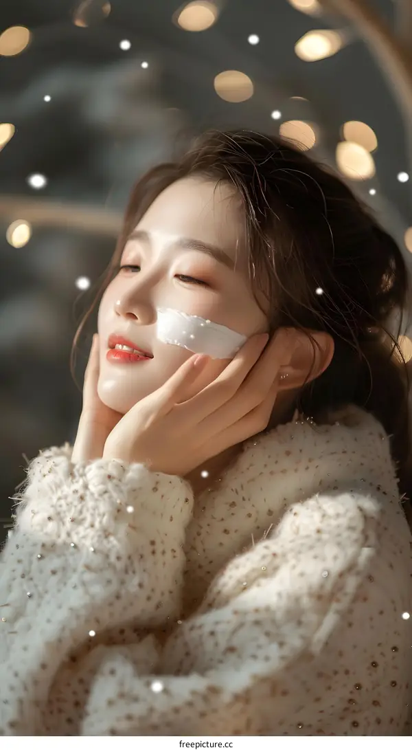 Beautiful Woman with Cream Mask and Bokeh Lights