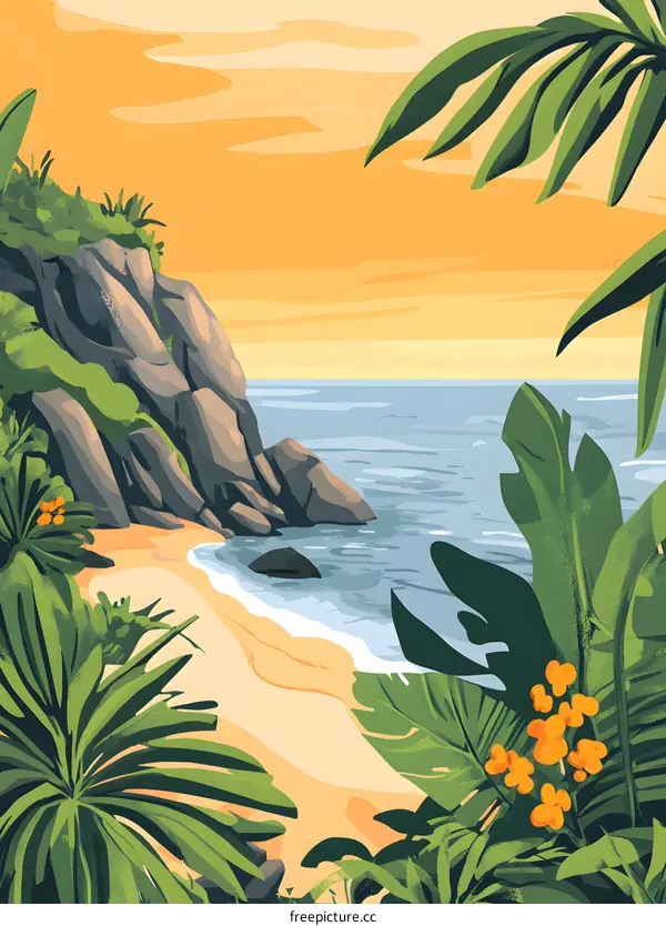 Tropical Beach Sunset Illustration