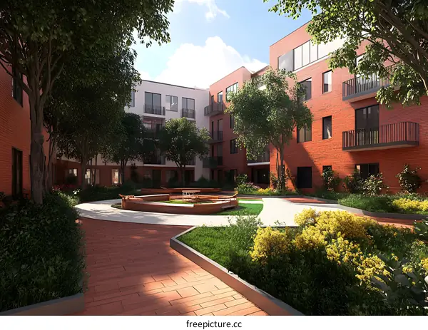 Modern Building Courtyard with Brick Walls and Green Landscaping