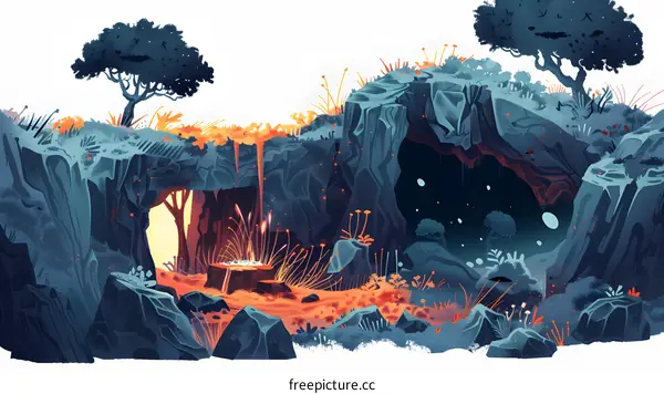 Fantasy Cave Landscape with Trees and Glowing Lights