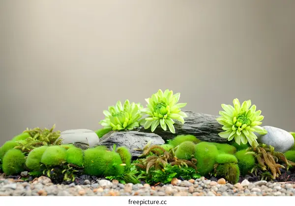 Green Flowers on Rocks and Moss