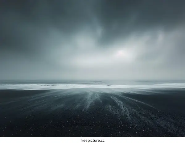 Black sand beach in Iceland with dark stormy sky
