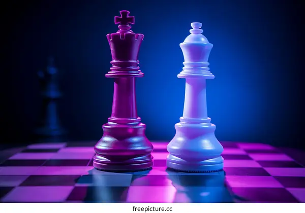 Purple and White Chess Pieces on a Dark Blue Chessboard