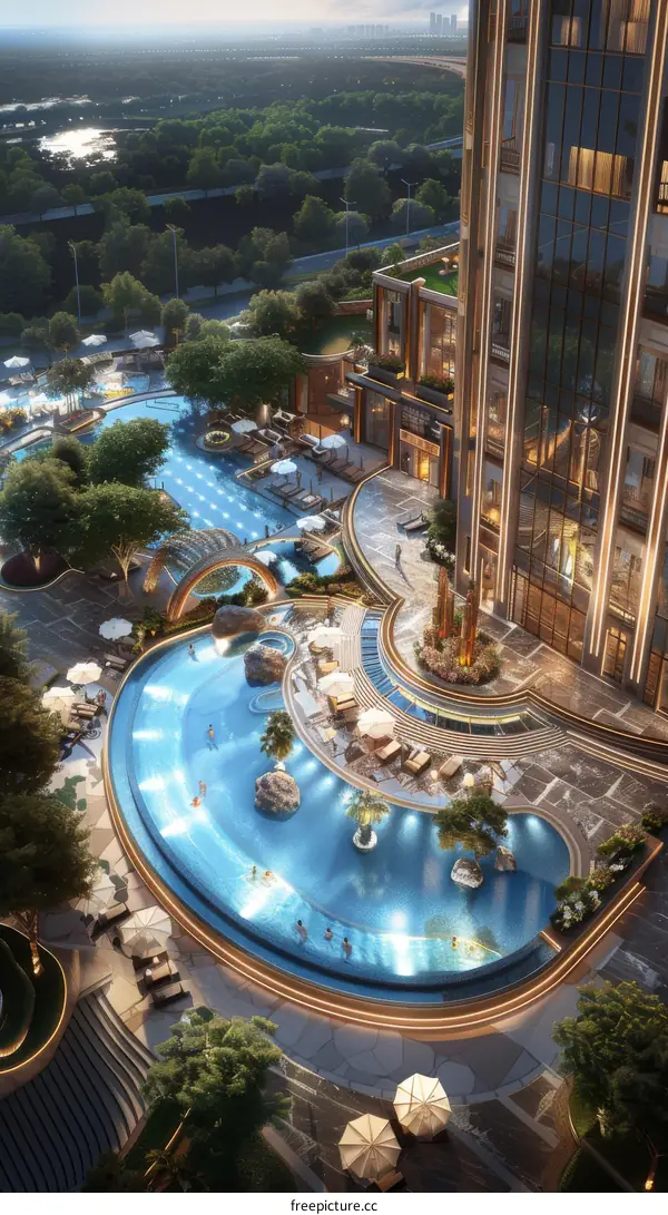 Aerial view of a luxury hotel swimming pool