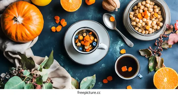 Autumn Table Setting with Pumpkin and Coffee