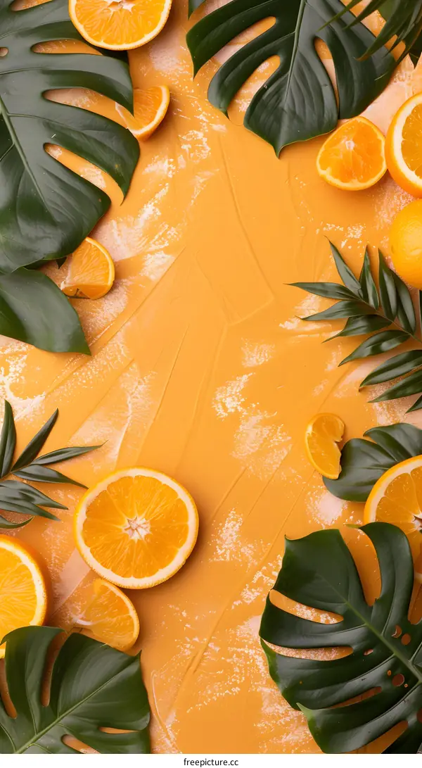 Orange Slices and Tropical Leaves on Yellow Background