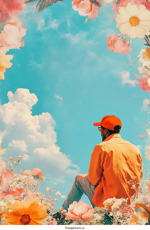 Man Sitting In A Field of Flowers Looking at The Sky