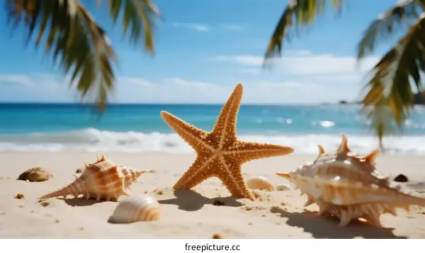 Starfish and seashells on sandy beach under clear sky
