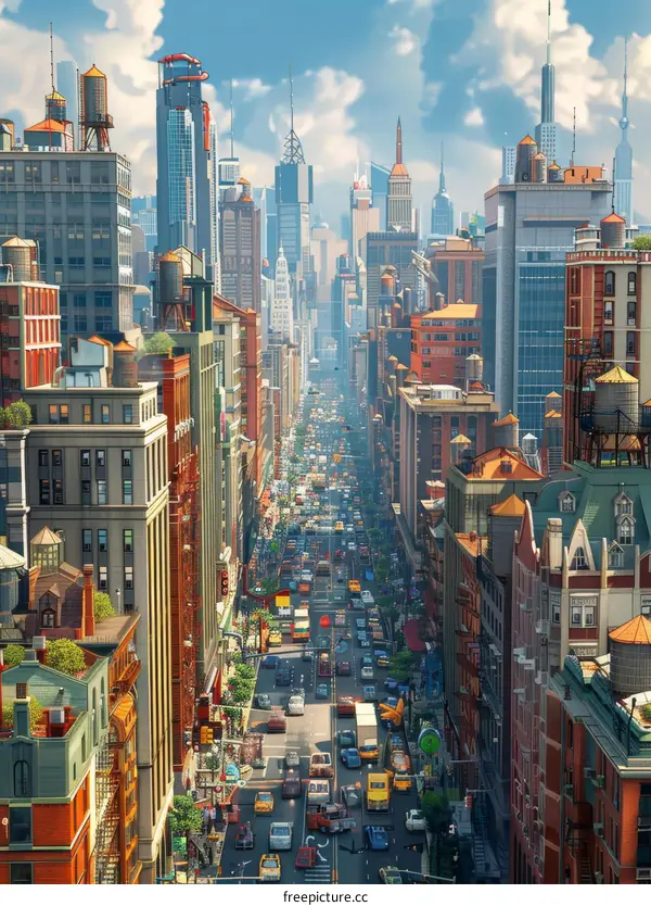 City Street View with Busy Traffic and Tall Buildings