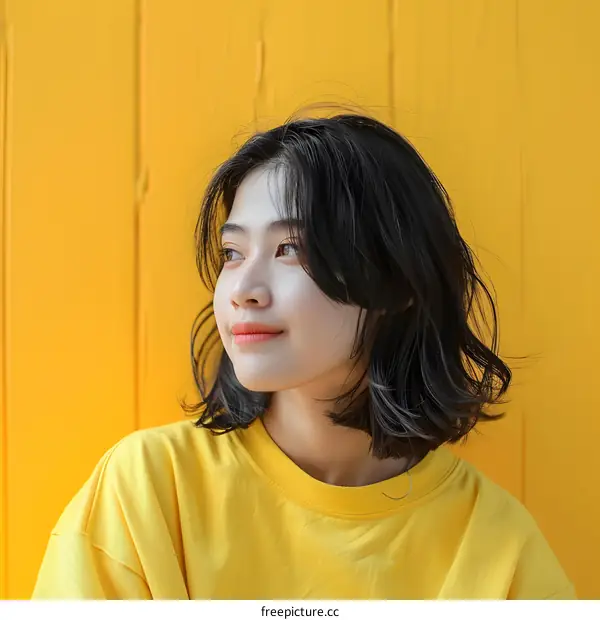 Asian Woman with Yellow Shirt Posing on a Yellow Background