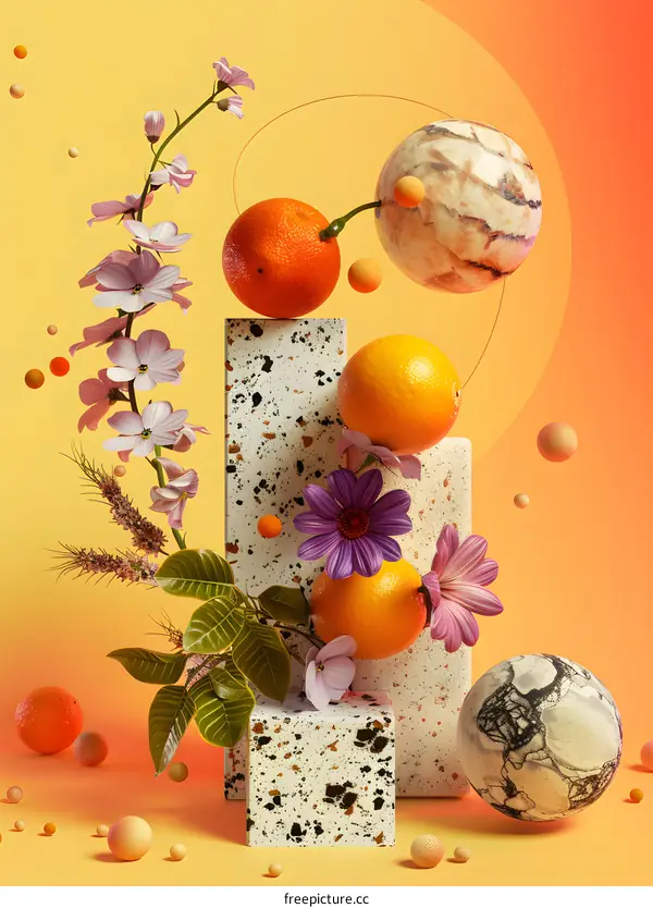 Abstract Still Life with Oranges and Flowers