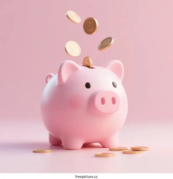 Pink Piggy Bank with Coins Being Dropped Inside