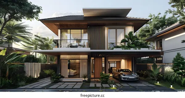 Modern Two Story House Design with Green Landscaping and Car in the Garage