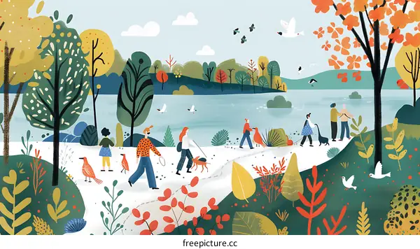 People Walking in Autumn Park Illustration