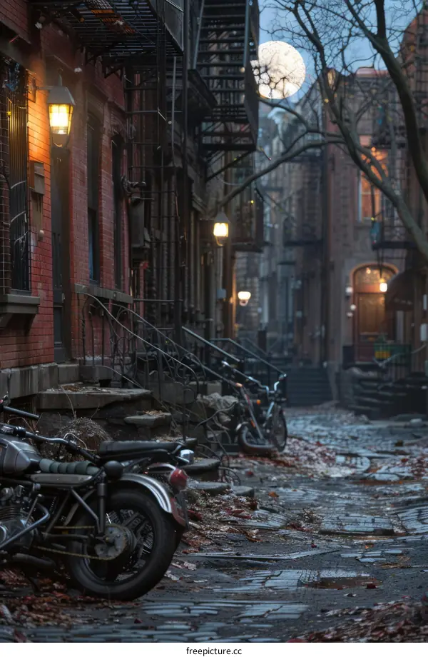 Motorcycles parked on a cobblestone street with a full moon in the background