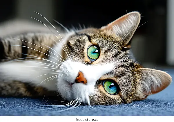 Close Up of a Beautiful Tabby Cat with Striking Emerald Eyes