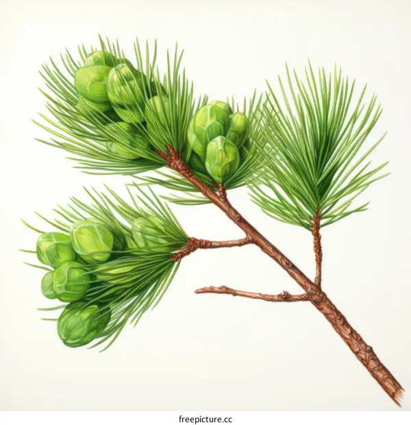 A branch of a coniferous tree with green pine cones