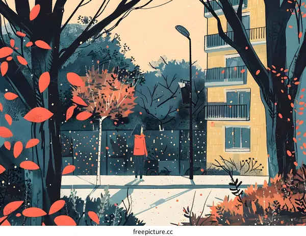 Woman in Red Jacket Walking by Building in Autumn