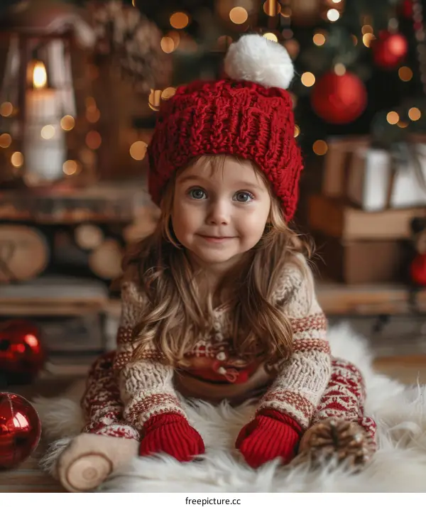 Little girl in red hat sitting by Christmas tree