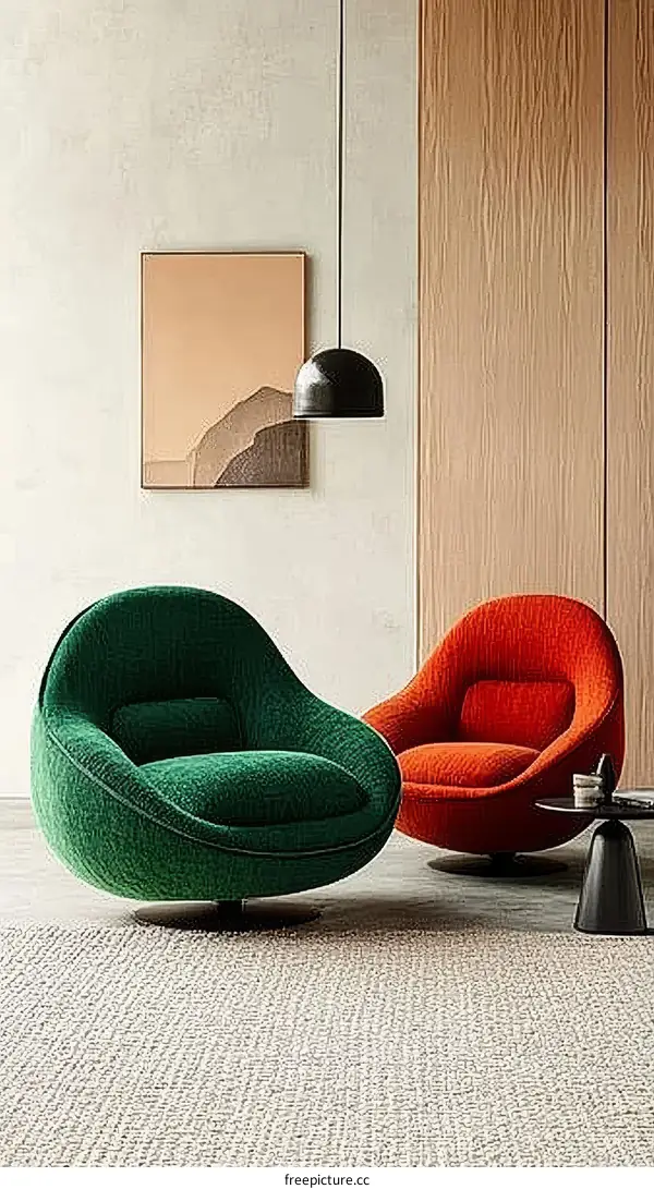 Two Modern Retro Swivel Armchairs in Green and Orange