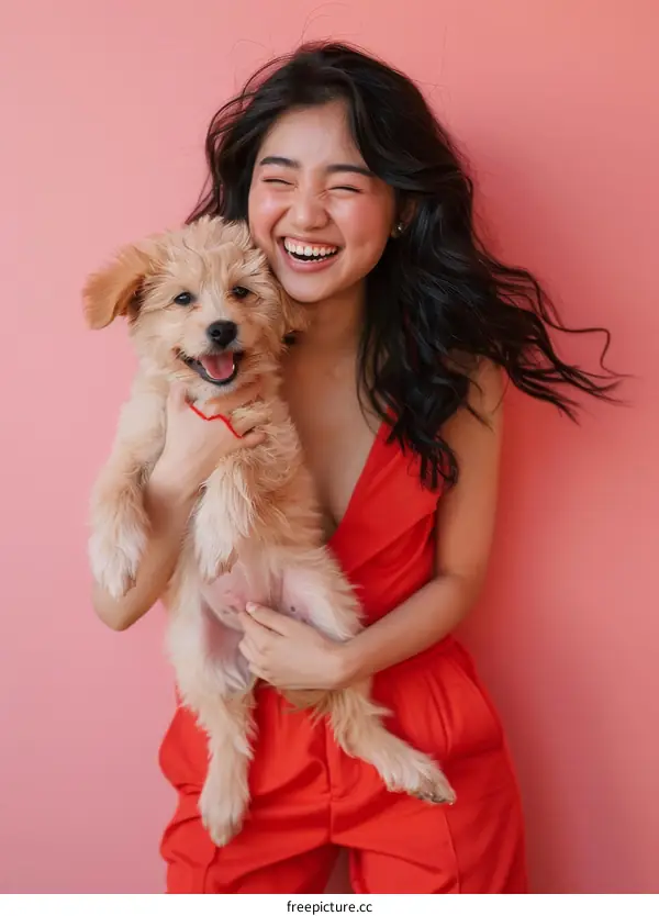 A young woman in a red jumpsuit is holding a small dog