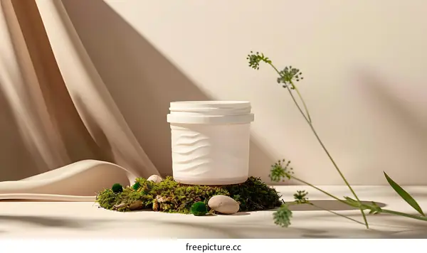 White Cream Jar On Moss With Flowers And Fabric
