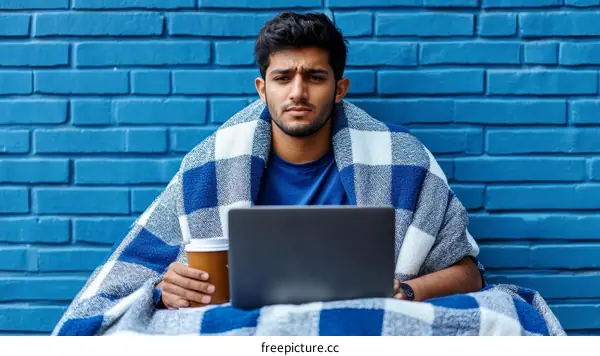 Young Man Working Wrapped in Blanket Outdoors