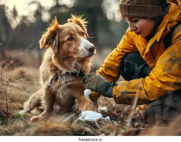Young woman with a dog in the woods