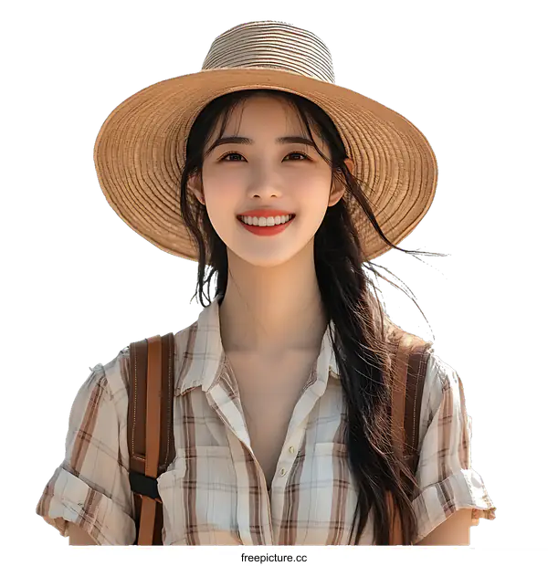 [Transparent Background PNG]Asian Woman Wearing Straw Hat and Plaid Shirt