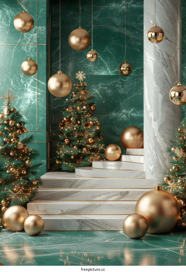 Christmas Scene with Gold Ornaments and Stairs
