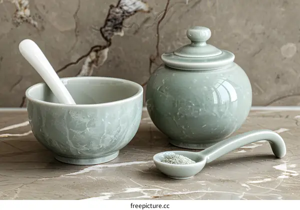 Green Ceramic Bowl and Jar Set with Spoon