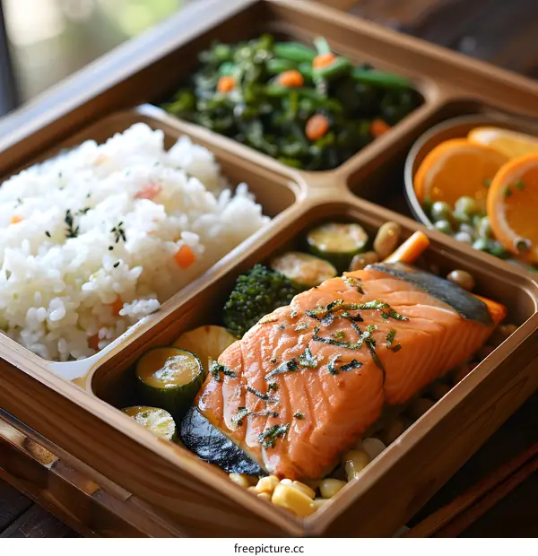 Salmon Teriyaki Bento Box With Vegetables and Rice