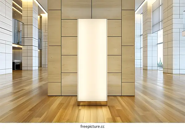 Blank White Light Box On A Wooden Floor In A Modern Lobby