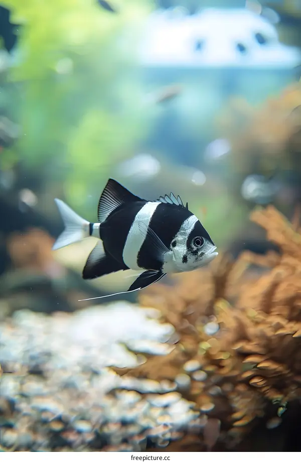 A black and white striped sergeant fish swims in a coral reef.
