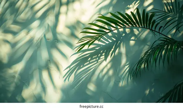 Sunlight shining through the leaves of a palm tree, casting shadows on a wall.