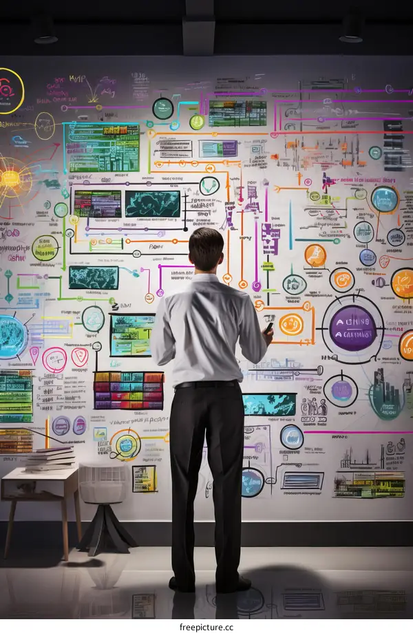 Businessman standing in front of a large digital screen