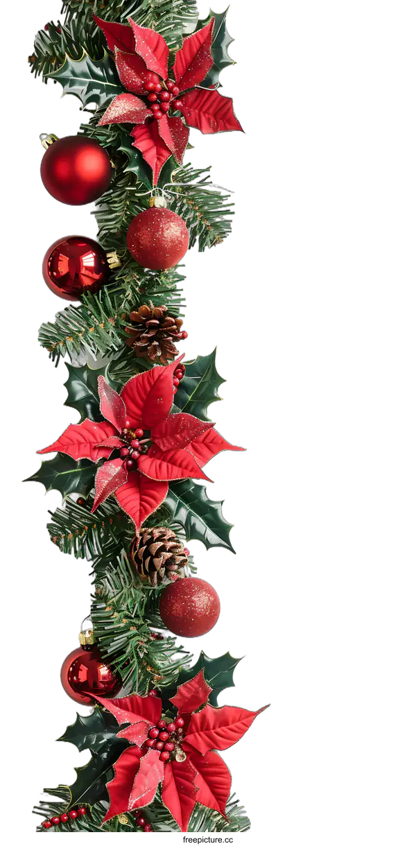 [Transparent Background PNG]Christmas Garland with Red Ornaments and Poinsettia