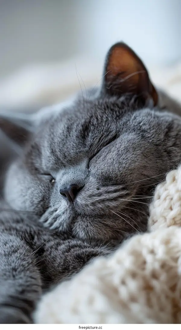 A gray cat is sleeping on a white blanket