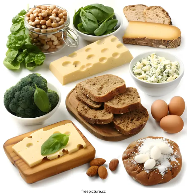 Food Group for Healthy Balanced Diet with Cheese, Bread, Eggs, Almonds, Spinach and Broccoli