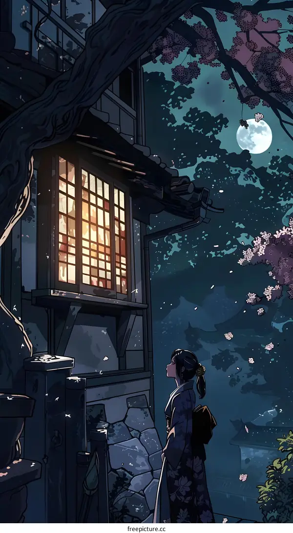 Woman in Kimono Looking Up at the Moon in Night Sky with Cherry Blossoms