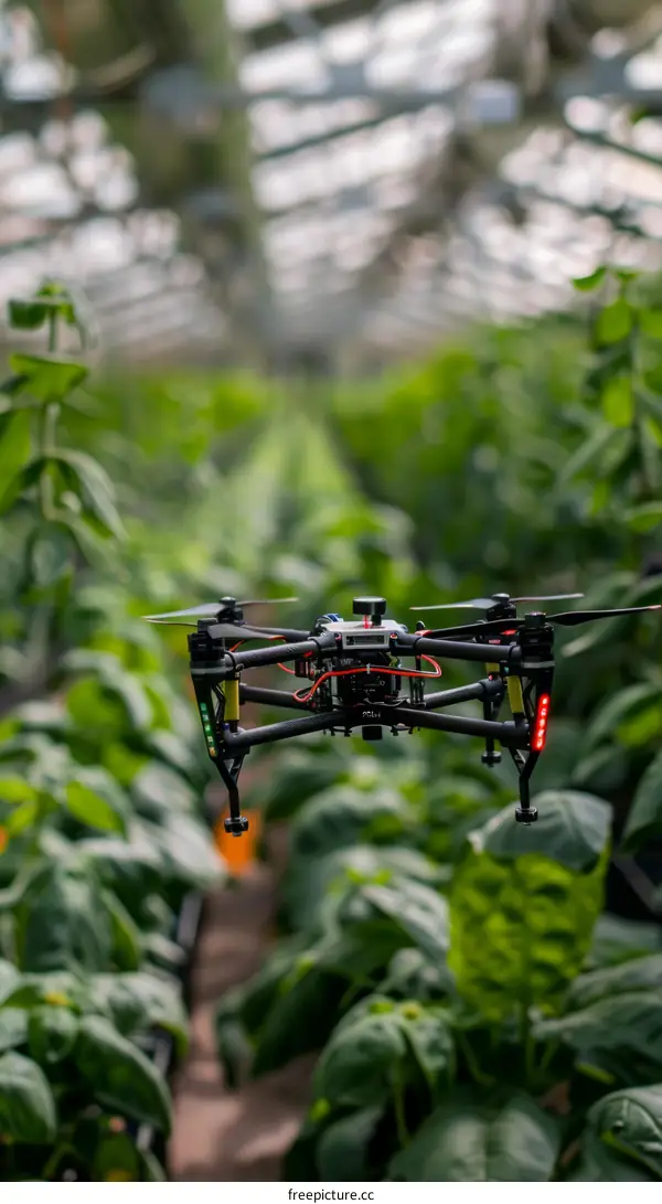 A drone flies over a field of green plants