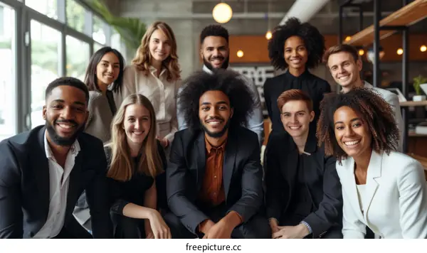 Group of smiling business professionals in a modern office